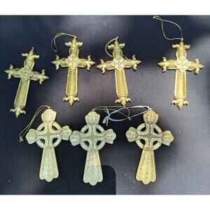 Vtg Christmas Ornaments Cross Gold Hanging Religious Ornate Spanish Celtic -C2